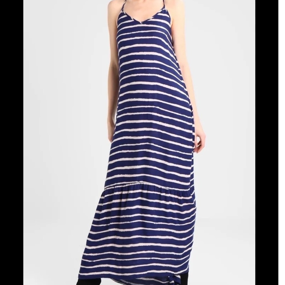 Superdry Navy White Striped Tiered Maxi Dress Spaghetti Strap Summer‎ Vacation